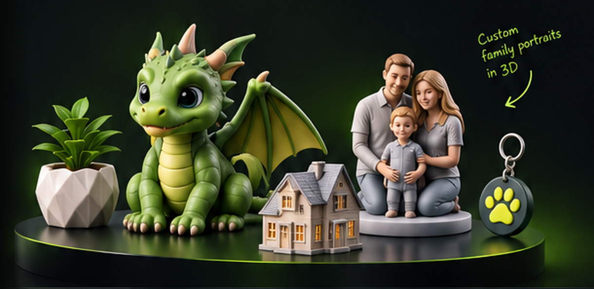 Printopad 3D Models Showcase - Green Dragon, Family Figurine, Planter and Miniature House